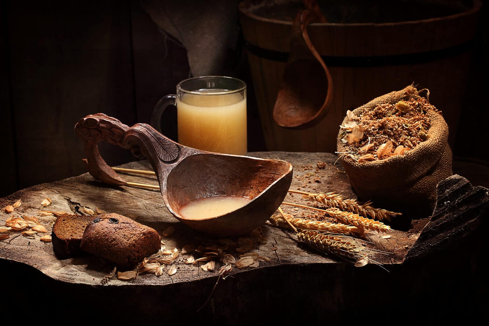 Kvass, leavened yeast, brown bread and spikelets