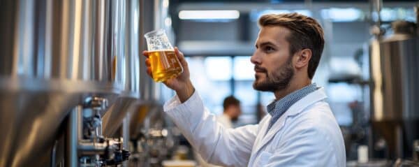 A professional brewer in his late thirties, wearing a lab coat, holding a beaker of beer in a modern brewery setting. The scene captures attention to detail, craftsmanship, and the science behind the brewing process.